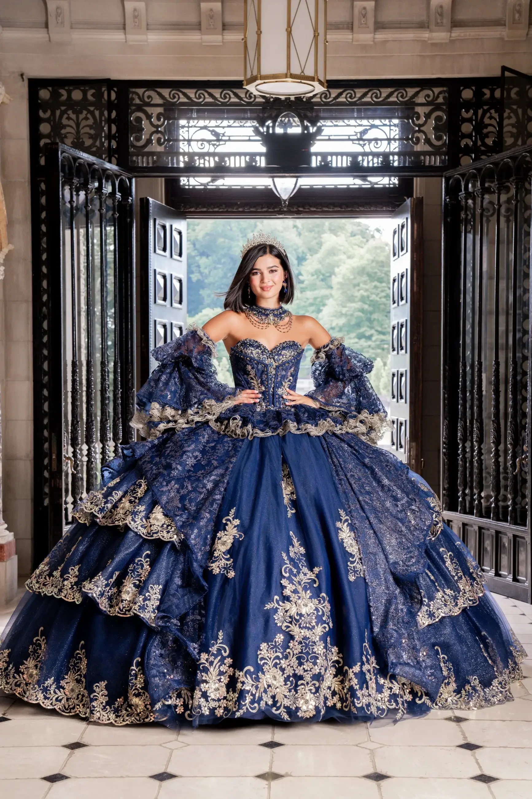 model is wearing a navy quince dress