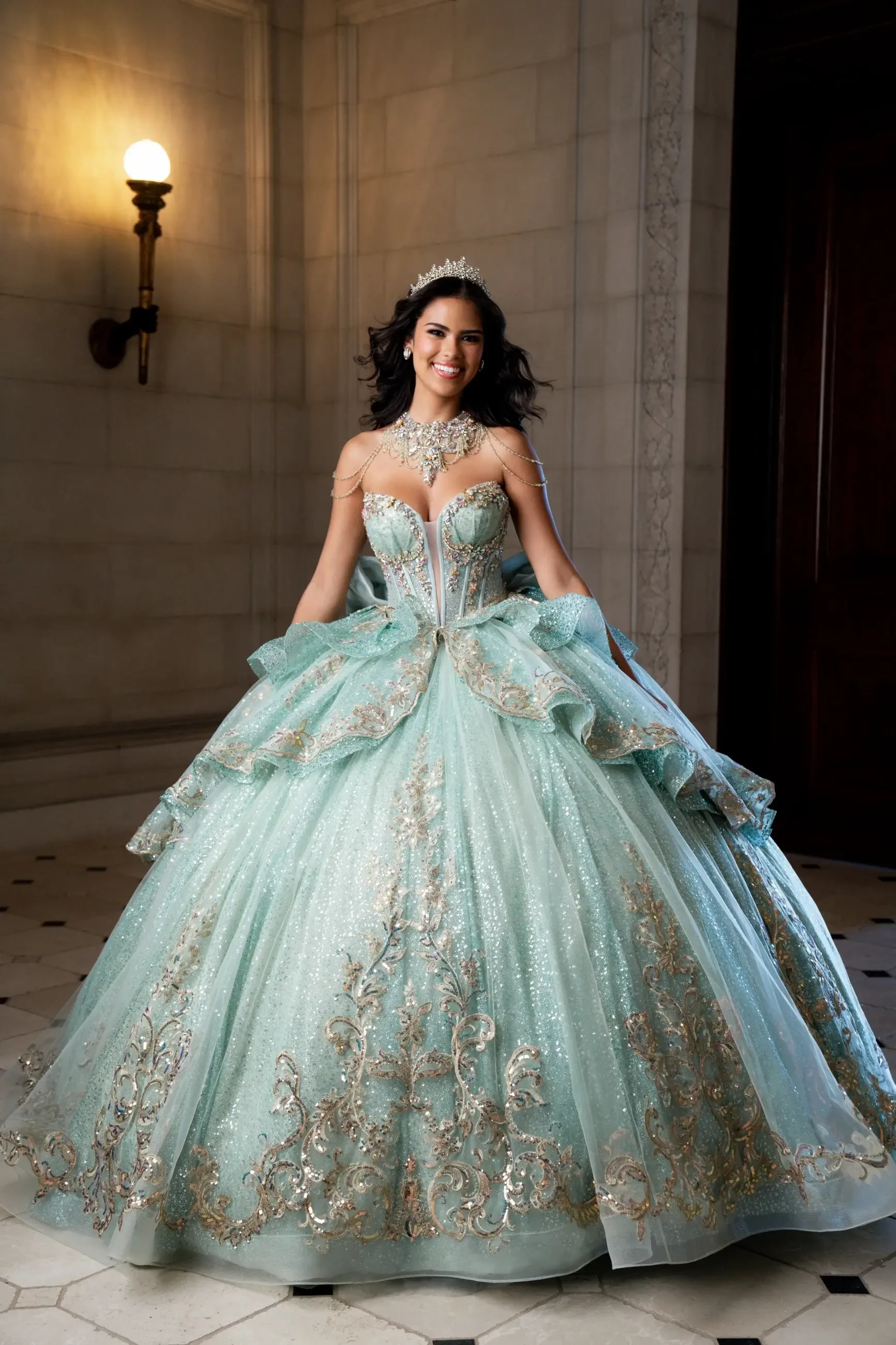 Smiling woman in an opulent mint green ball gown with intricate gold embroidery, wearing a tiara. The scene is elegant and regal, set in a classic interior.
