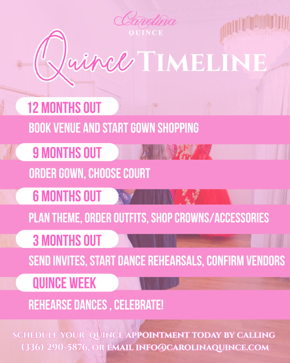 Quince timeline detailing planning stages for a quincea&ntilde;era, including shopping for gowns, ordering outfits, sending invites, and rehearsal details, along with a contact for scheduling appointments.