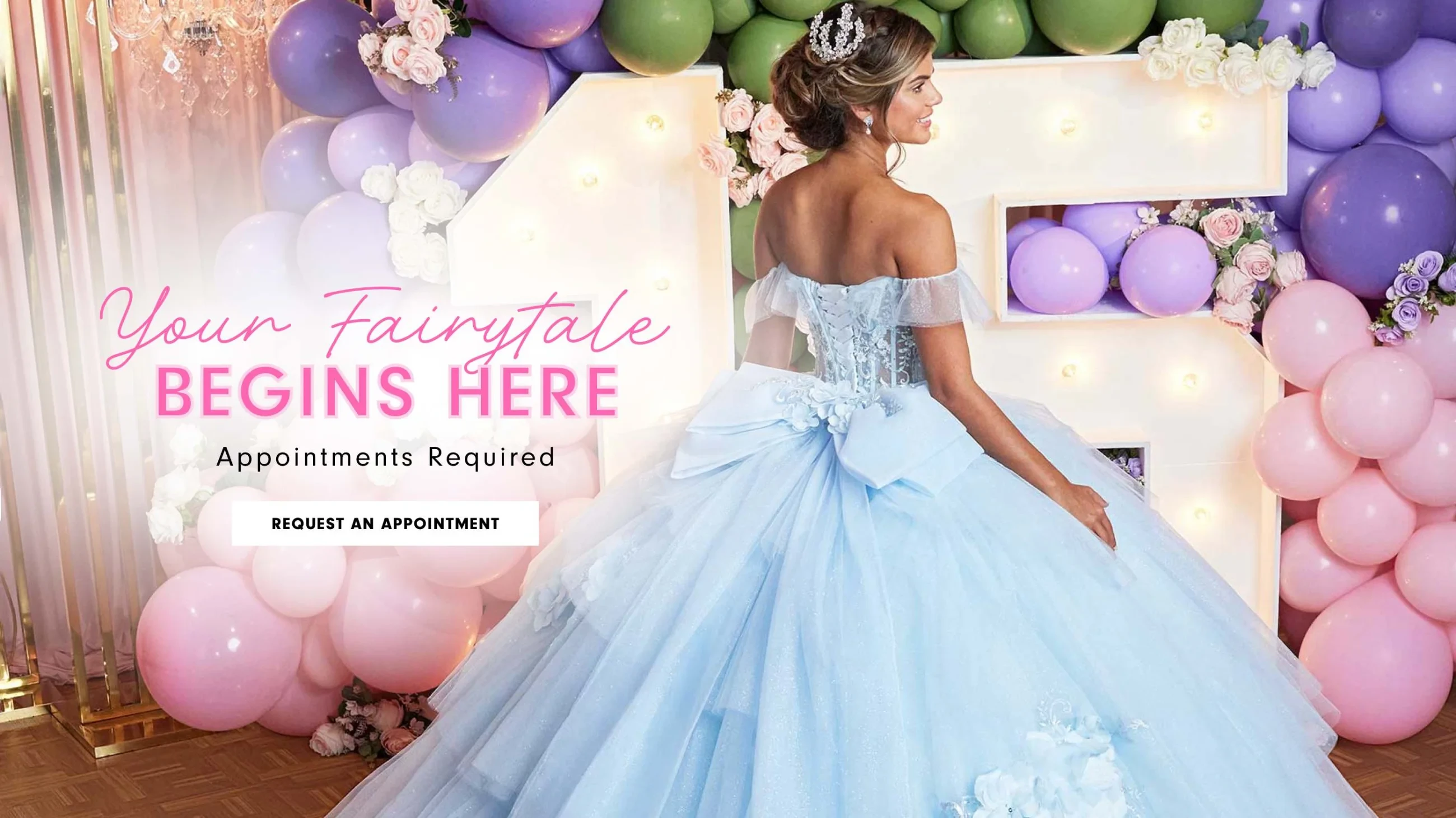 Model wearing blue Quinceanera gown, desktop banner