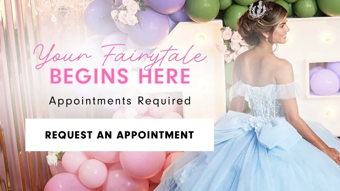 Model wearing blue Quinceanera gown, mobile banner