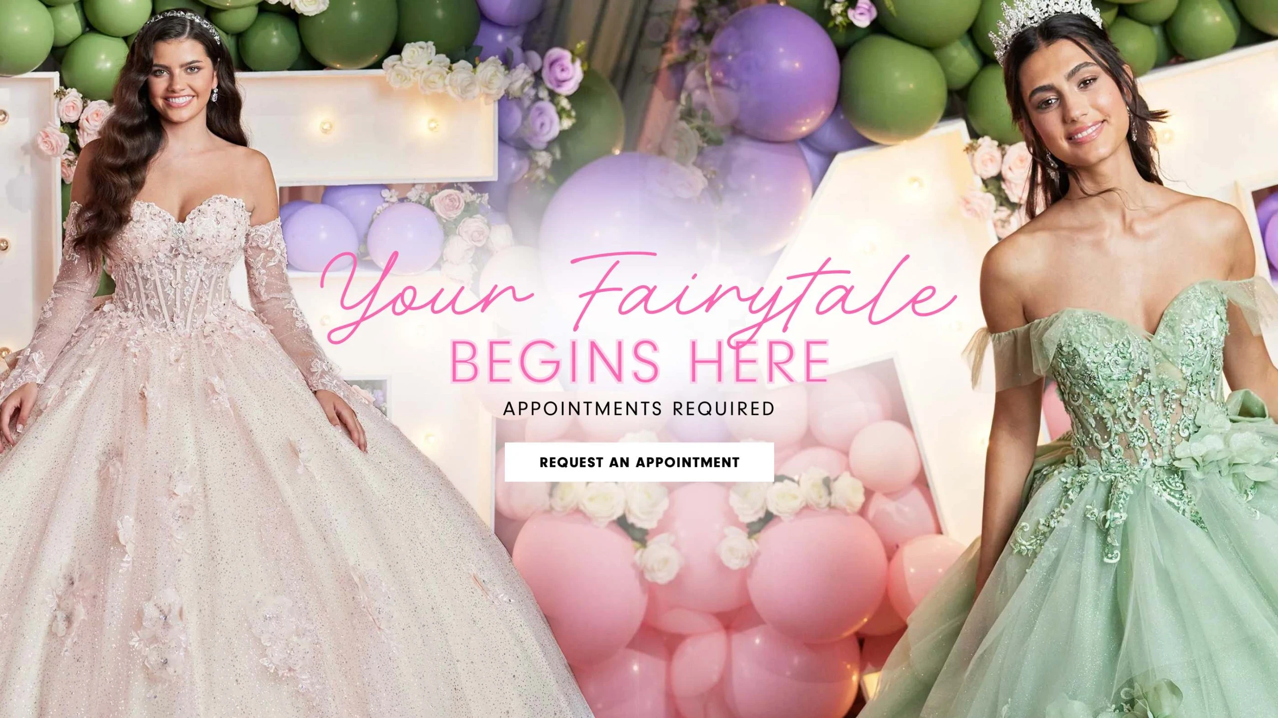 Models wearing Vizcaya by Morilee quinceanera gowns, desktop banner