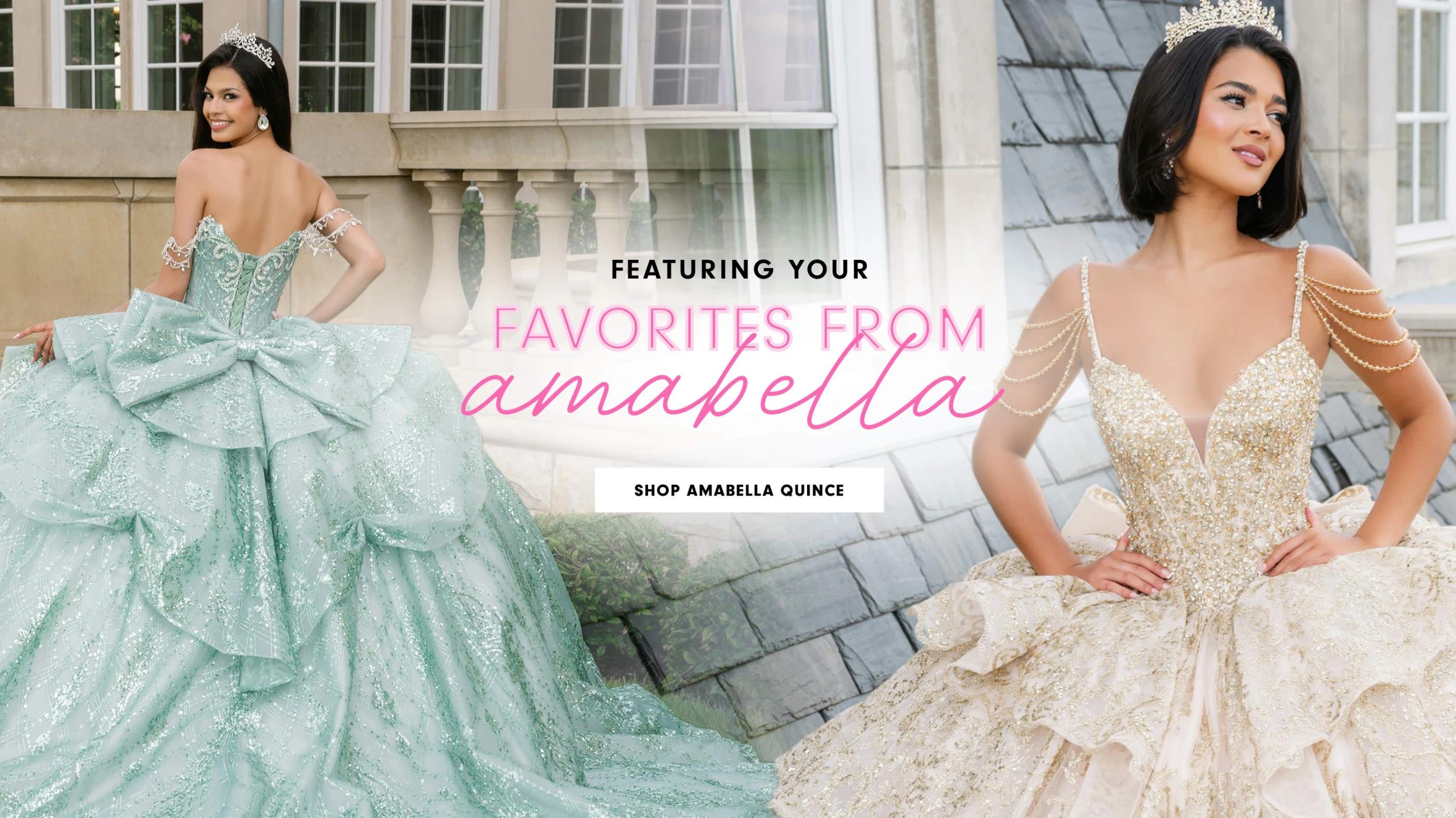 Models wearing Amabella quinceanera dresses, desktop banner