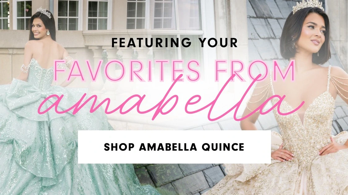 Models wearing Amabella quinceanera dresses, mobile banner