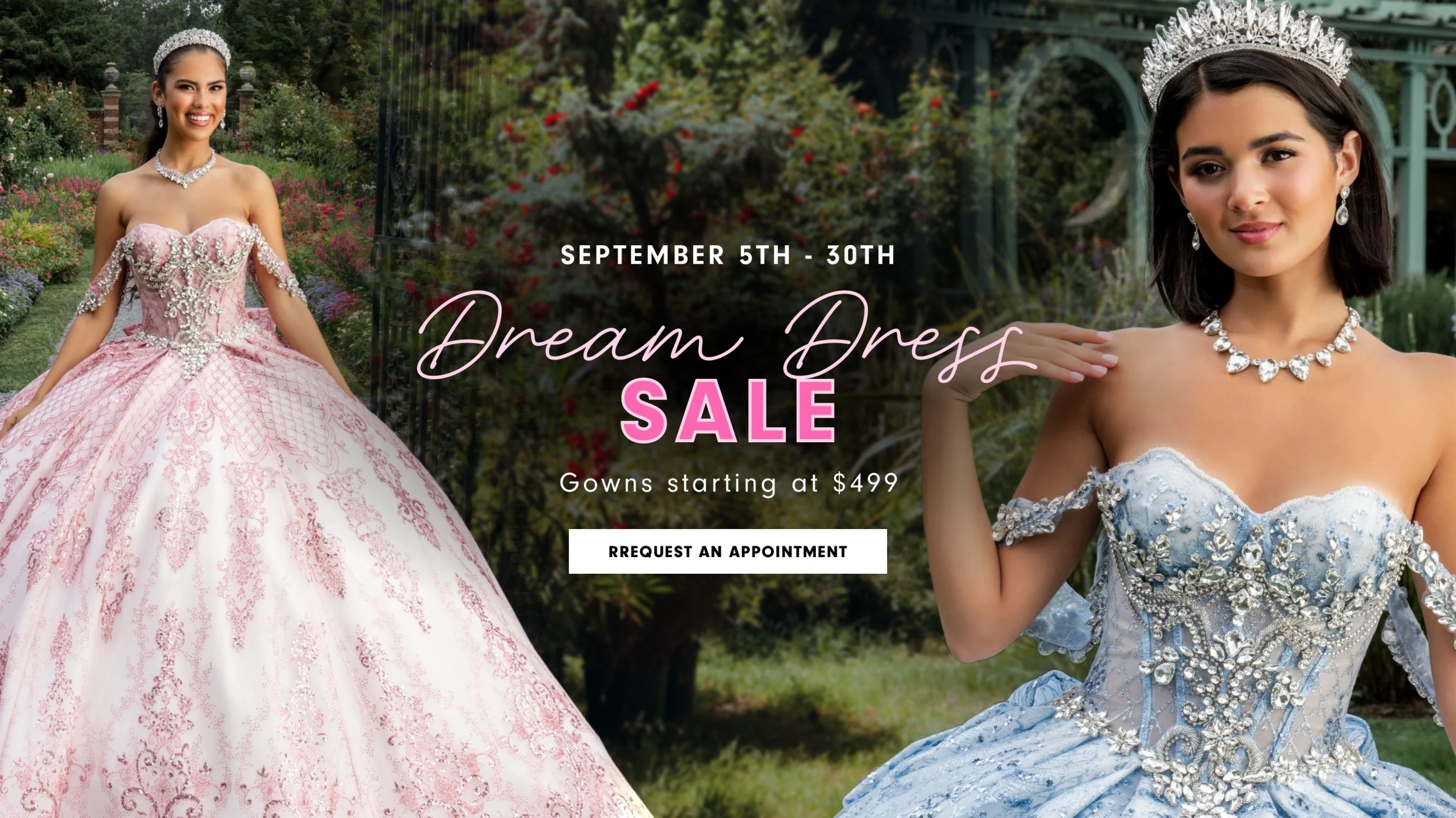 Models wearing quinceanera dresses, Dream Dress Sale desktop banner
